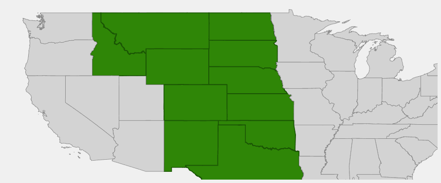Native range map of Plains Cottonwood (Populus deltoides monilifera) across the Great Plains and Rocky Mountain states