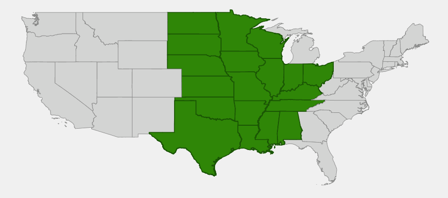 Native range map of Prairie Blazing Star (Liatris pycnostachya) showing distribution across central United States