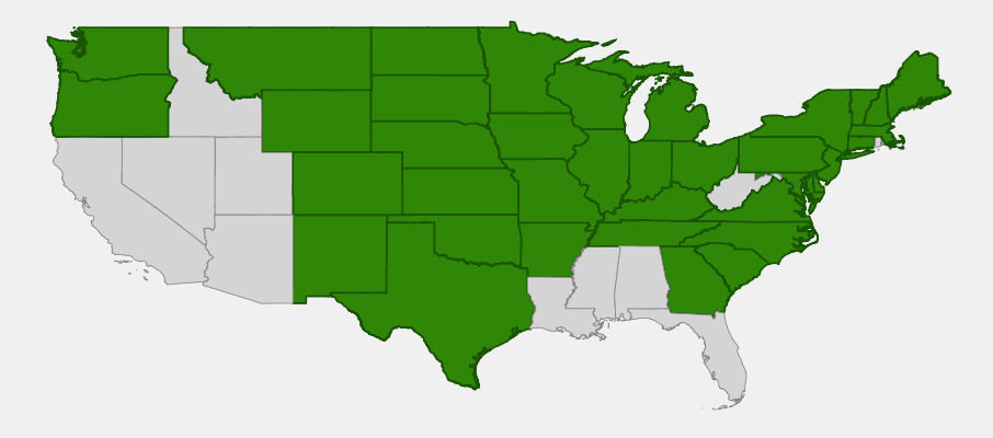 Native range map of Prairie Cordgrass (Spartina pectinata) showing extensive distribution across central and eastern United States