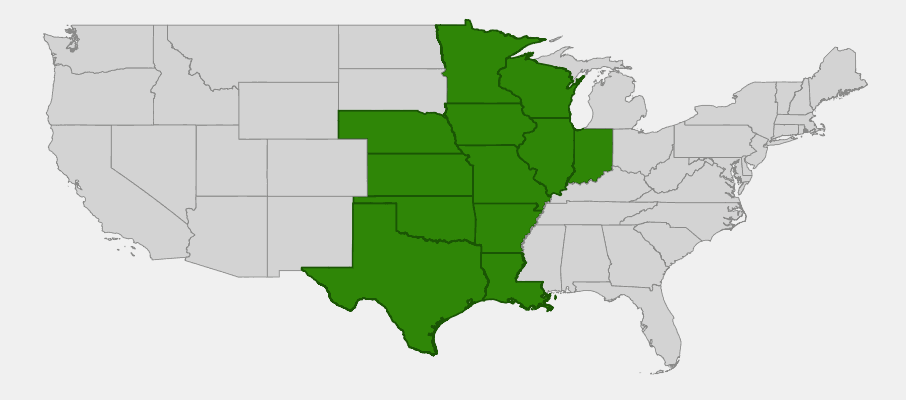 Native range map of Prairie Crabapple (Malus ioensis)
