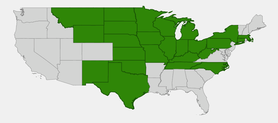 Native range map of Northern Prairie Dropseed (Sporobolus heterolepis) showing distribution across the Great Plains and upper Midwest