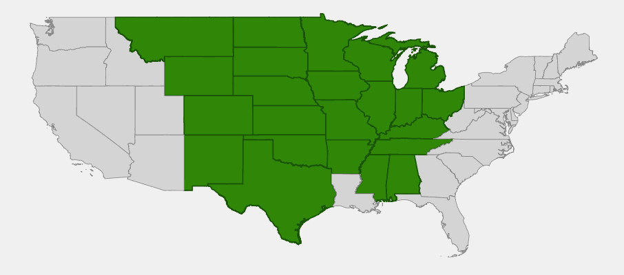 Native range map of Prairie Larkspur (Delphinium virescens) showing distribution across the Great Plains and adjacent regions