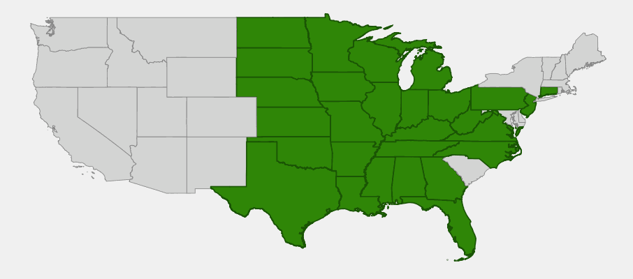 Native range map of Prairie Phlox (Phlox pilosa) showing extensive distribution across central and eastern United States