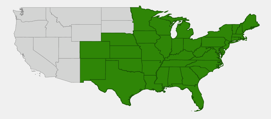 Native range map of Prairie Phlox (Phlox pilosa) showing distribution across central and eastern United States