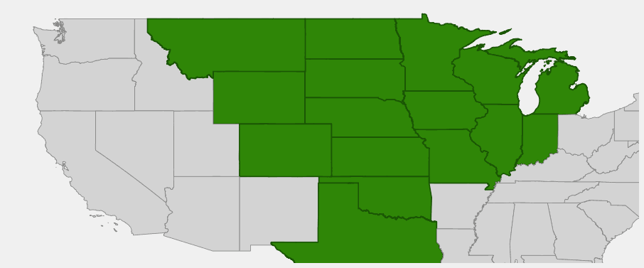 Native range map of Prairie Sandreed (Calamovilfa longifolia) showing distribution across Great Plains