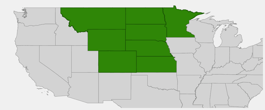 Native range map of Prairie Thermopsis (Thermopsis rhombifolia)