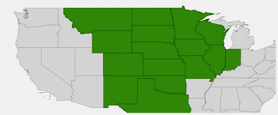 Native range map of Prairie Wild Rose (Rosa arkansana)