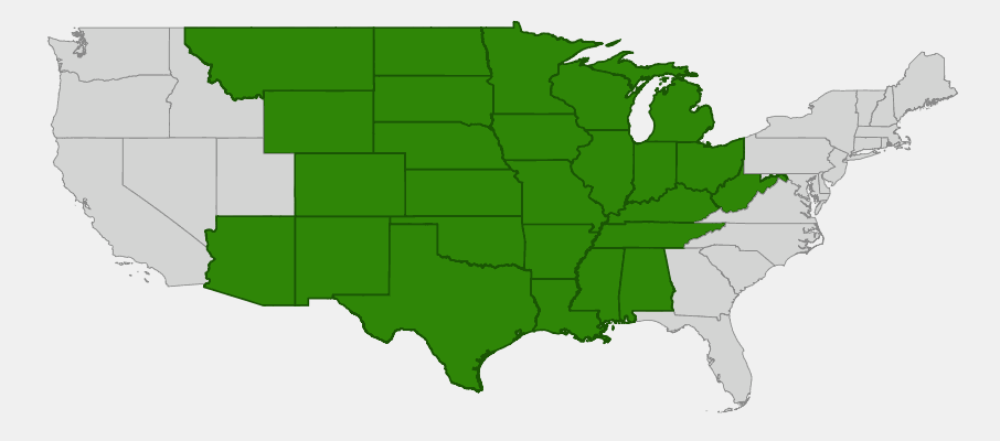 Native range map of Purple Prairie Clover (Dalea purpurea) showing distribution across central and eastern North America