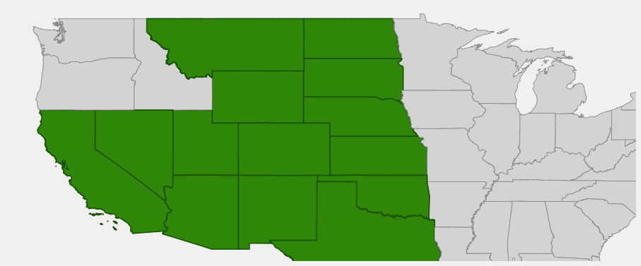 Native range map of Purple Threeawn (Aristida purpurea) showing broad distribution across western and central North America