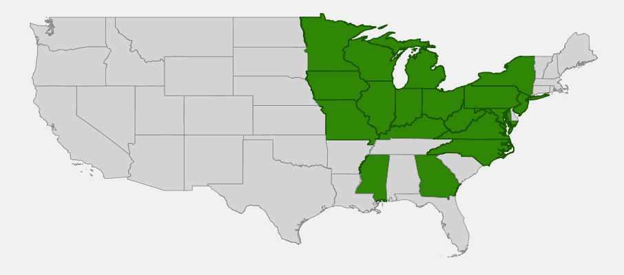 Native range map of Queen-of-the-Prairie (Filipendula rubra) showing distribution across the eastern United States