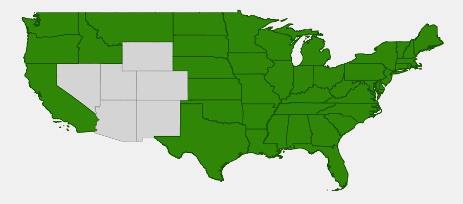 Native range map of Rice Cut Grass (Leersia oryzoides) showing widespread distribution across the United States