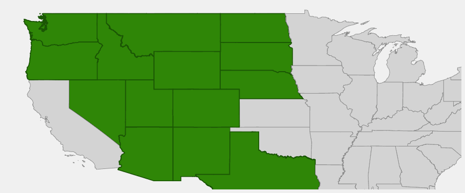 Native range map of Rocky Mountain Juniper (Juniperus scopulorum) showing its broad distribution across the Rocky Mountain West and Great Plains