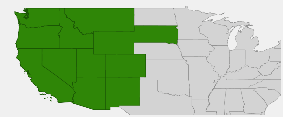 Native range map of Rocky Mountain Maple (Acer glabrum) showing distribution across western United States
