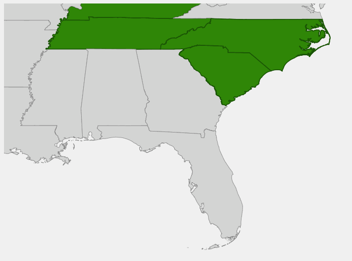 Native range map of Rusty Blackhaw Viburnum (Viburnum rufidulum)