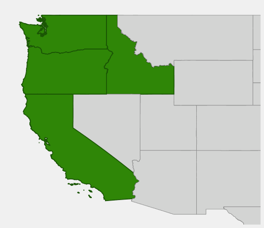 Native range map of Salmonberry (Rubus spectabilis) showing distribution in Alaska, Idaho, Washington, Oregon, and California