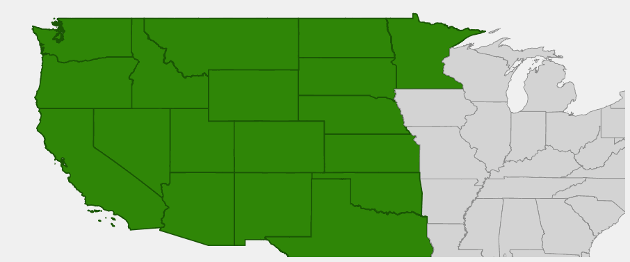 Native range map of Sandbar Willow (Salix exigua) showing broad distribution across western and central North America