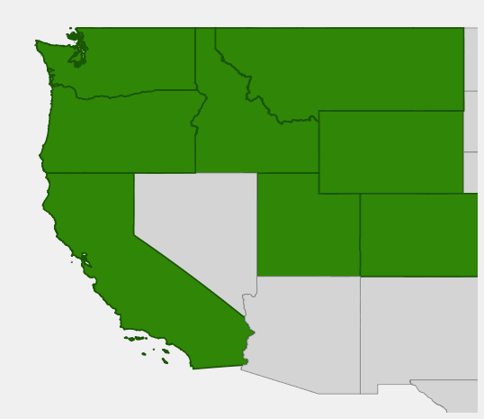 Native range map of Saskatoon Serviceberry (Amelanchier alnifolia) across western North America
