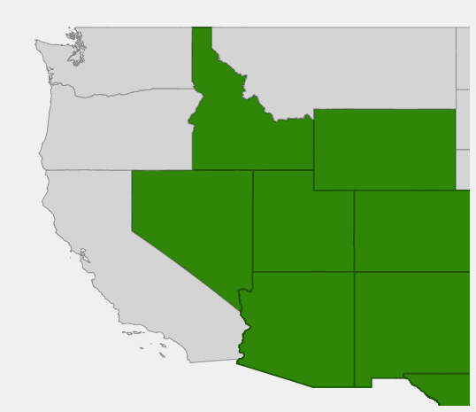 Native range map of Scarlet Bugler (Penstemon barbatus) showing distribution across southern Rocky Mountains