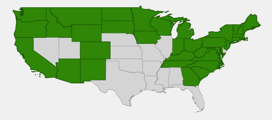 Native range map of Scarlet Elder (Sambucus pubens) across North America