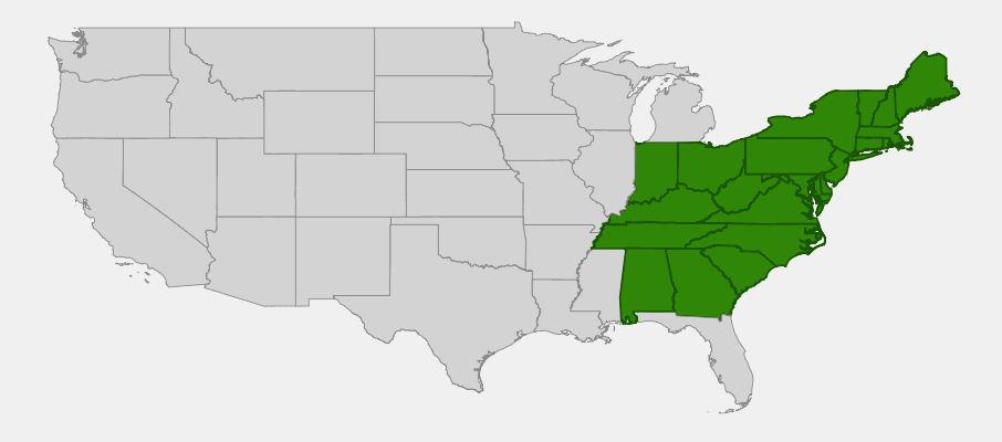 Native range map of Scarlet Oak (Quercus coccinea) showing distribution across the eastern United States