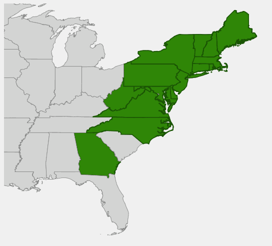 Native range map of Shadblow (Amelanchier canadensis) showing northeastern US distribution