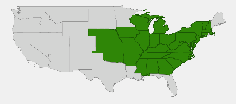 Native range map of Shagbark Hickory (Carya ovata) showing distribution across eastern and central US