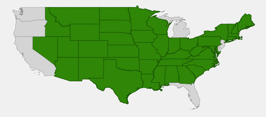 Native range map of Sideoats Grama (Bouteloua curtipendula) showing distribution across most of the continental United States