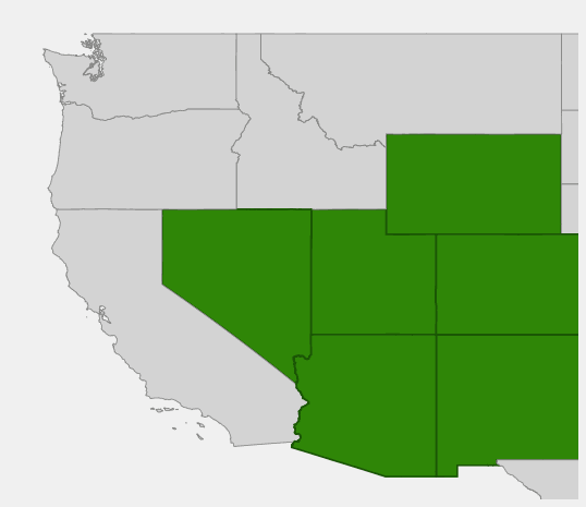Native range map of Singleleaf Ash (Fraxinus anomalus) showing distribution across Utah, Colorado, Nevada, Arizona, New Mexico, and Wyoming