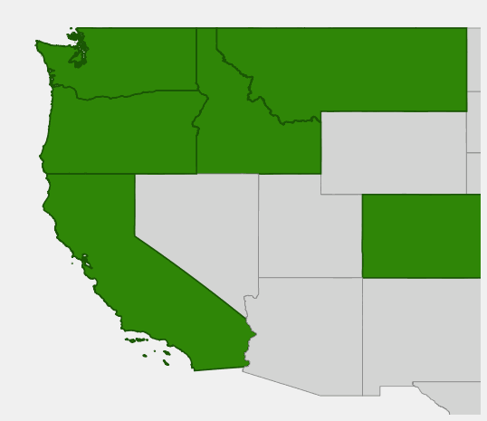 Native range map of Sitka Alder (Alnus sinuata) showing distribution across Alaska and Pacific Northwest