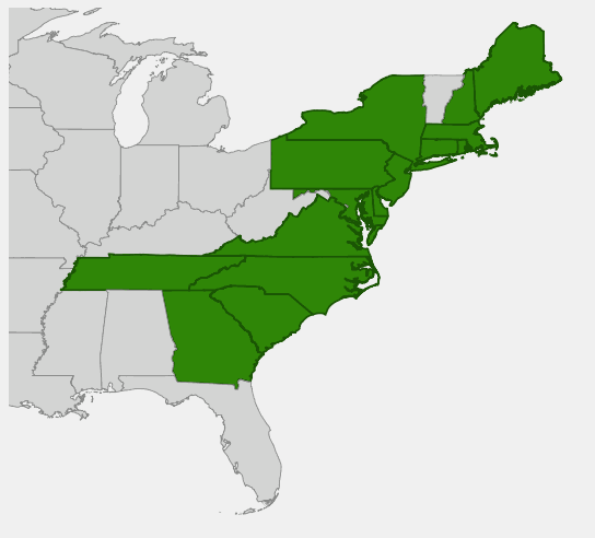 Native range map of Slender Blue Flag Iris (Iris prismatica) showing coastal distribution from Maine to Georgia