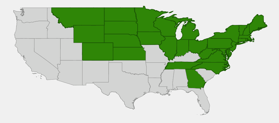 Native range map of Smooth Blue Aster (Symphyotrichum laeve) showing its broad distribution across the US from the Great Plains to the Atlantic Coast