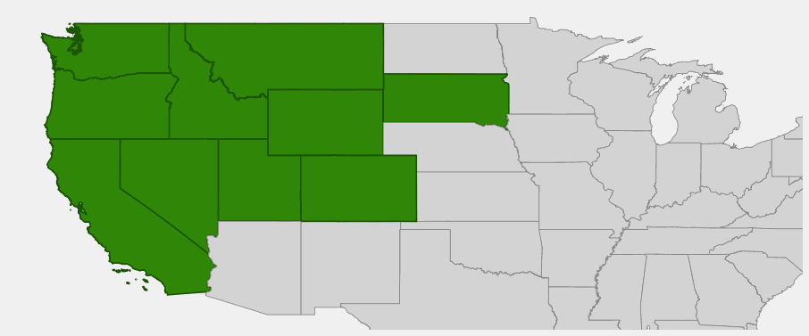 Native range map of Snowbrush Ceanothus (Ceanothus velutinus) showing distribution across Oregon, Washington, California, Idaho, Montana, Colorado, Utah, Nevada, Wyoming, and South Dakota