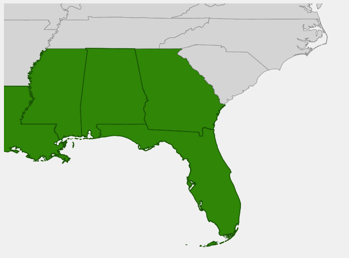 Native range map of Florida Anise (Illicium floridanum) showing distribution across gulf coast states