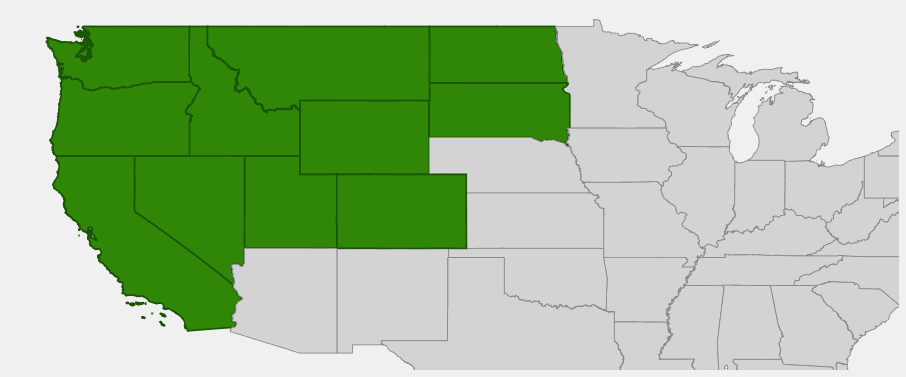 Native range map of Sticky Geranium (Geranium viscosissimum) showing distribution across western United States