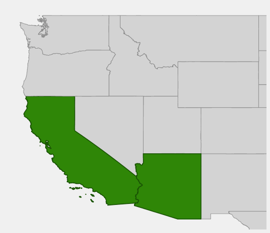 Native range map of Sugar Sumac (Rhus ovata) showing distribution in Arizona and California
