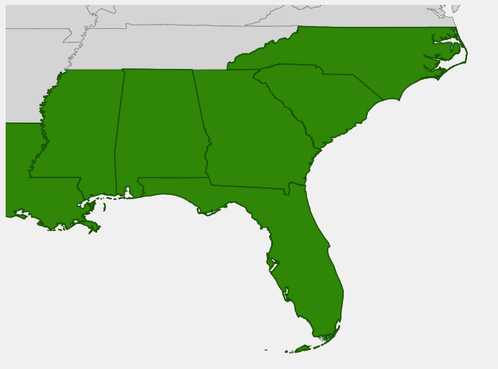 Native range map of Summer Azalea (Rhododendron serrulatum)