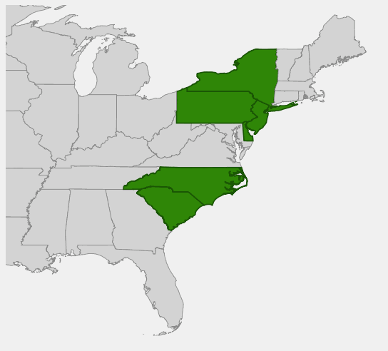 Native range map of Swamp Rose (Rosa palustris)