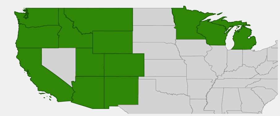 Native range map of Thimbleberry (Rubus parviflorus) showing distribution across Alaska and western North America