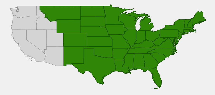 Native range map of Thimbleweed (Anemone virginiana) showing distribution across much of eastern and central North America