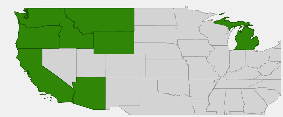 Native range map of Thinleaf Huckleberry (Vaccinium membranaceum)
