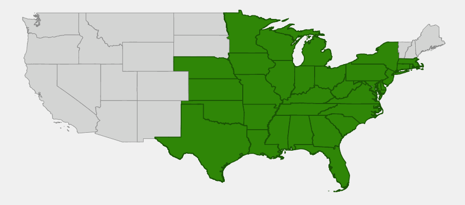 Native range map of Tickseed (Coreopsis spp.) showing broad distribution across eastern and central United States