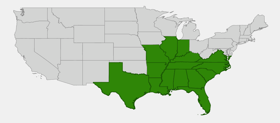 Native range map of Tree Huckleberry (Vaccinium arboreum) showing distribution across southeastern United States