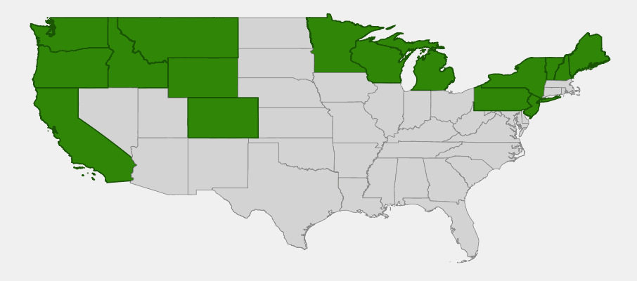 Native range map of Tufted Hairgrass (Deschampsia caespitosa) showing distribution across Alaska and much of the United States