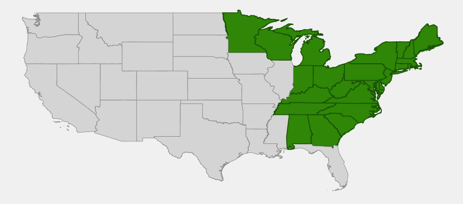 Native range map of Turtlehead (Chelone glabra) showing eastern US distribution