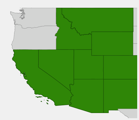 Native range map of Utah Juniper (Juniperus osteosperma) showing distribution across Utah, Colorado, Nevada, Arizona, New Mexico, Wyoming, Idaho, Montana, and California