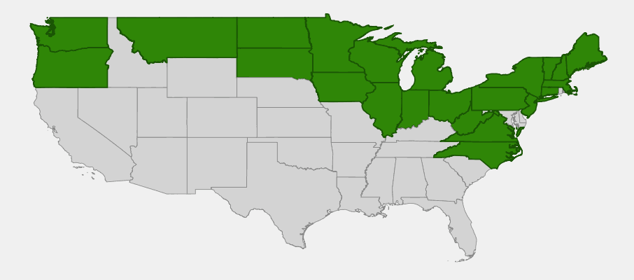 Native range map of Vanilla Grass (Hierochloe odorata) showing widespread distribution across northern North America