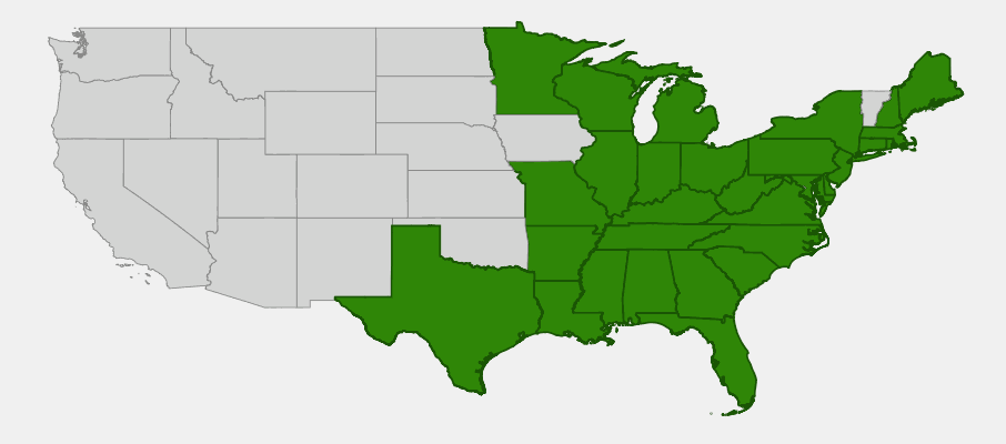 Native range map of Virginia Blue Flag (Iris virginica) showing distribution across eastern United States