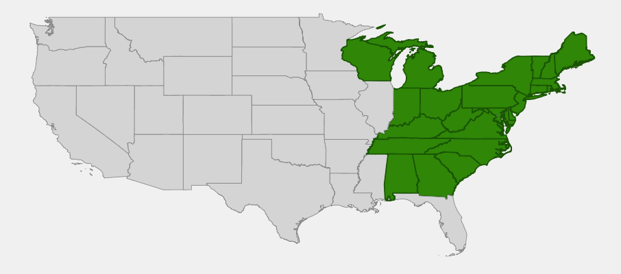 Native range map of Witherod Viburnum (Viburnum cassinoides) showing distribution across eastern North America from Canada to the southeastern United States
