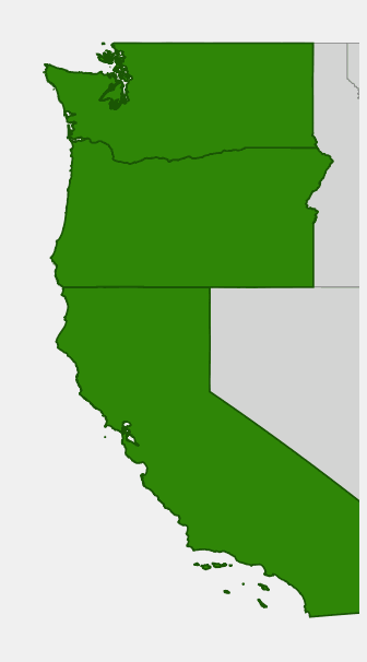 Native range map of Vine Maple (Acer circinatum) showing distribution across Washington, Oregon, and California