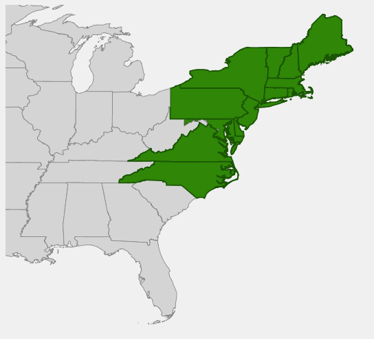 Native range map of Virginia Rose (Rosa virginiana)